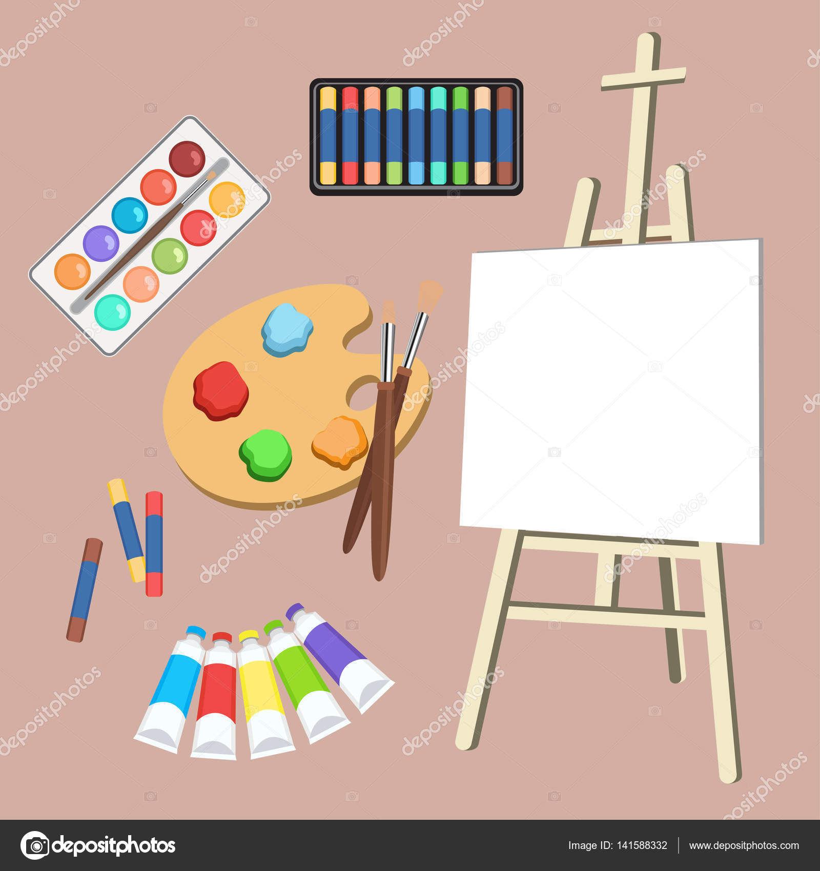 Realistic art supplies, set art materials. Artist Accessories. Easel,  canvas, tablet, pastel, paint in tubes, watercolor, palette and brush.  Vector objects for drawing, painting Stock Vector by ©Eva_Che 141588332